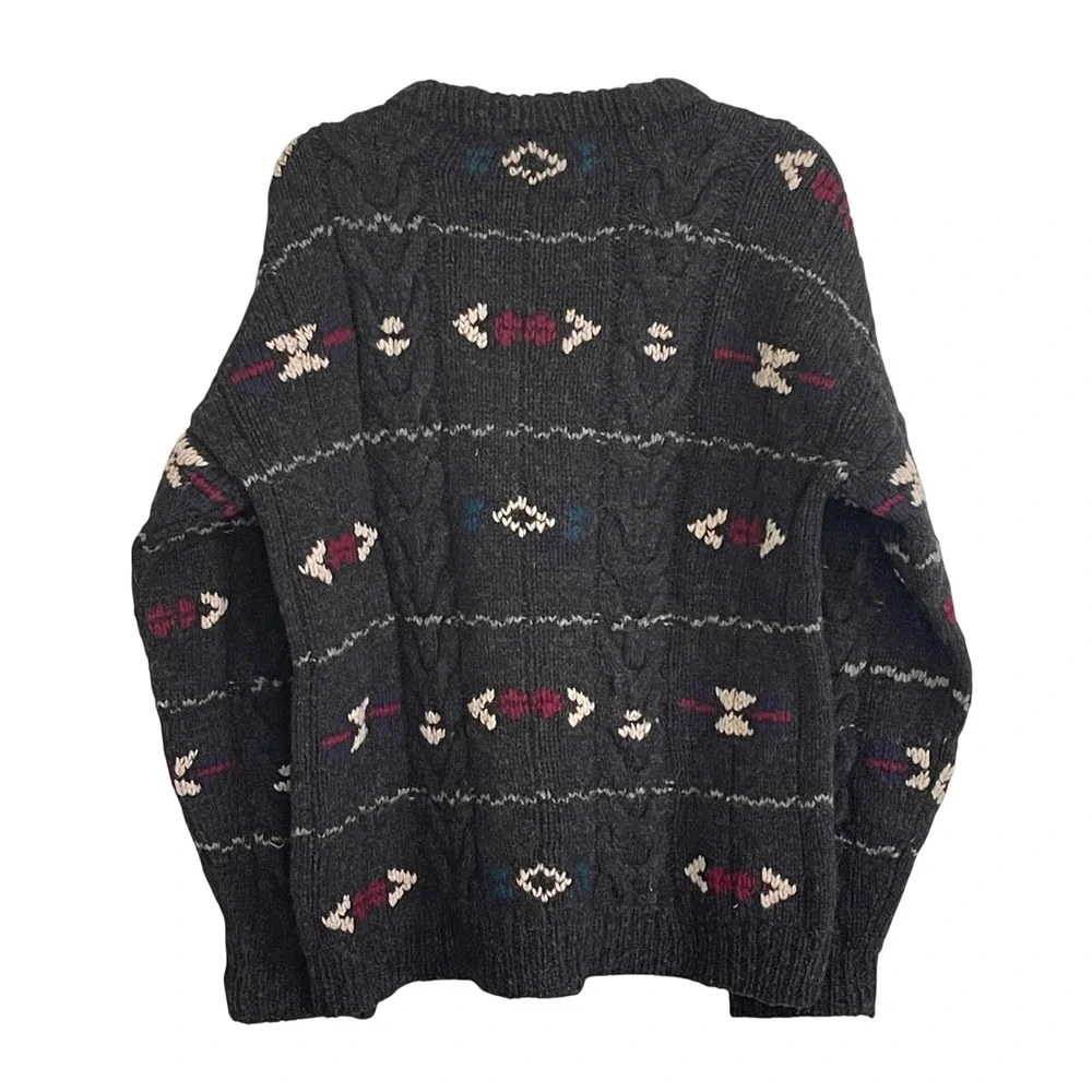 Embassy Row Mens L Hand Knit Shetland Wool Sweater Charcoal Grey Cable Geometric
